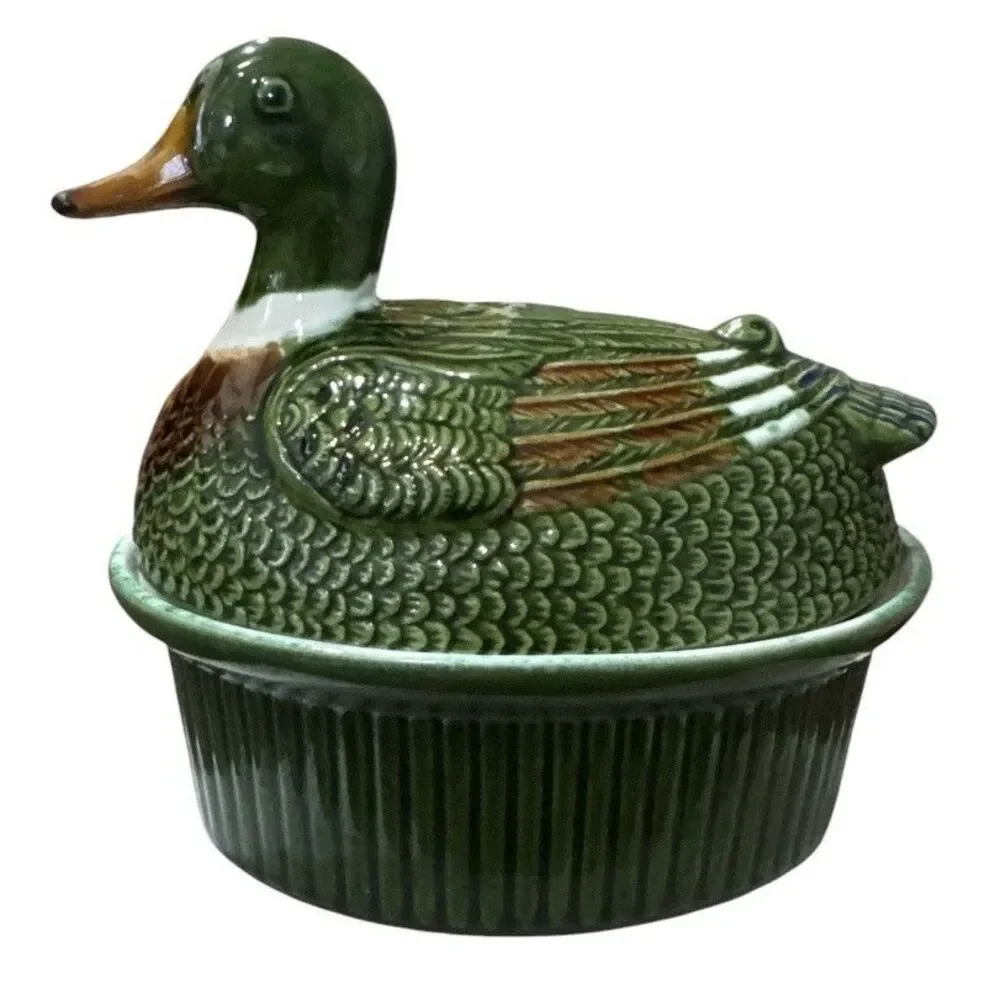 Vintage Mallard Duck Terrine Pot Ceramic Covered Dish w Lid Kitchen Cottagecore